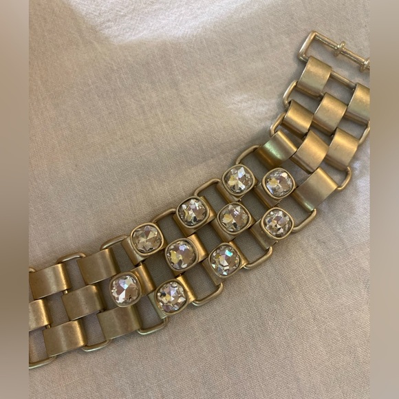 Antiqued Gold Tone Book Chain Design Bracelet w/ Bezel Set Clear Stones‎ - Picture 4 of 10